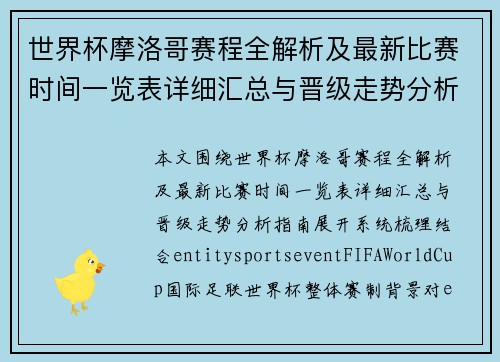 世界杯摩洛哥赛程全解析及最新比赛时间一览表详细汇总与晋级走势分析指南